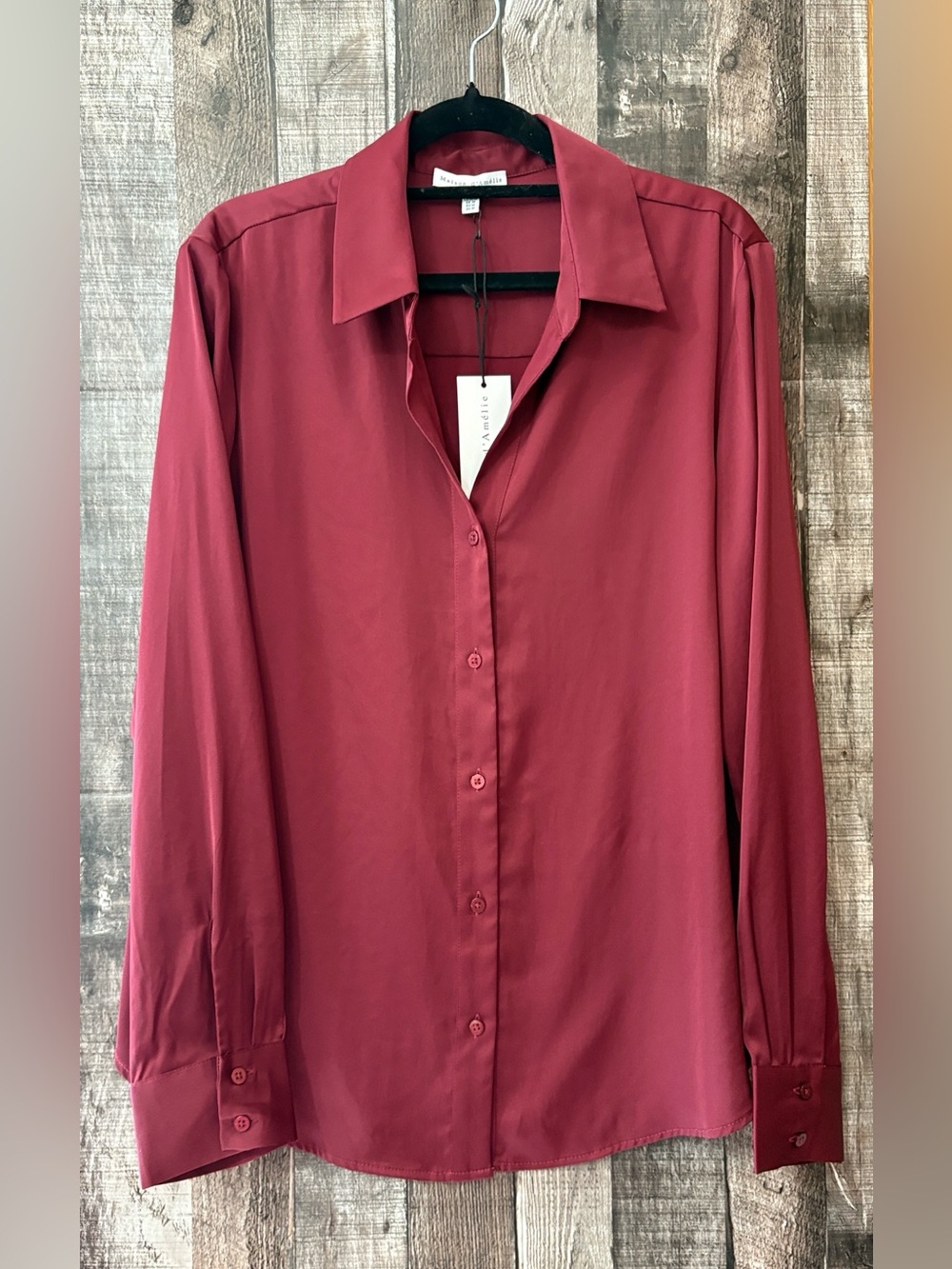 NWT Maison D’Amelie Long-Sleeve Button-Up Blouse in Burgundy/Wine-M